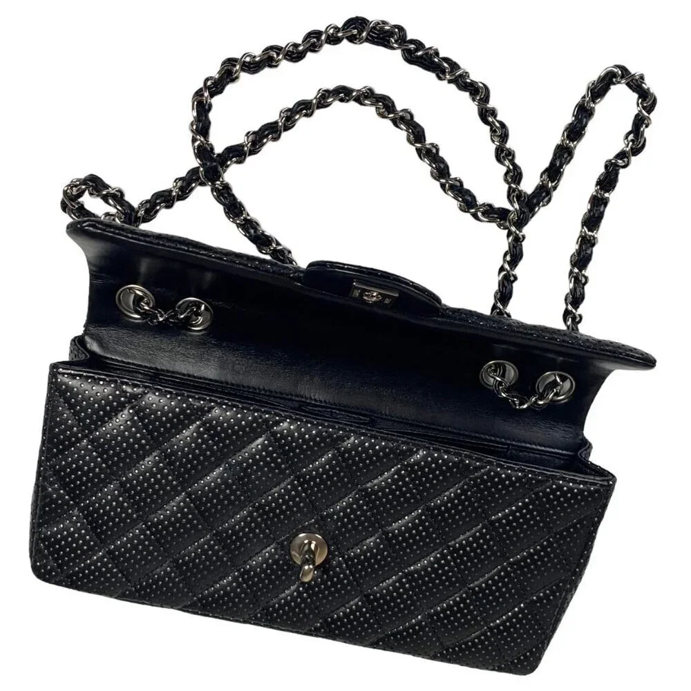 Chanel East West Classic Shoulder Flap Bag Quilted Black Perforated Leather
